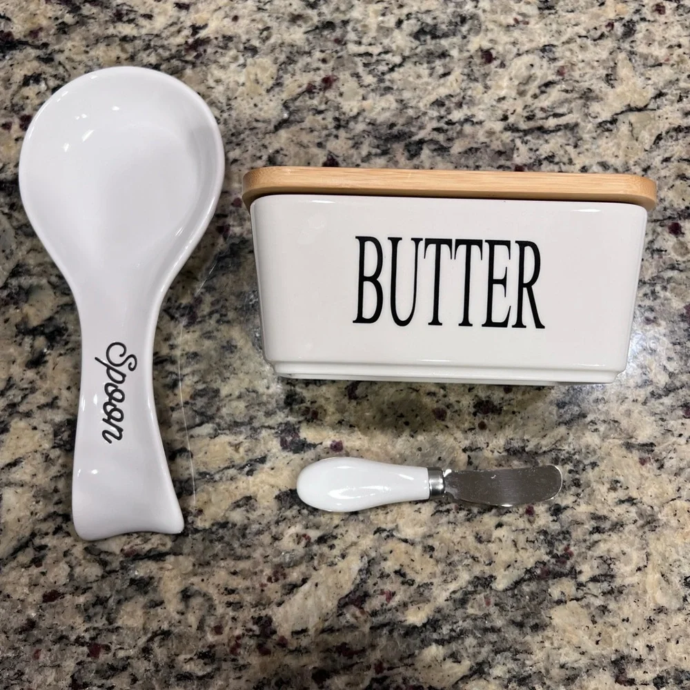 Farmhouse White and Black Butter Dish Set with Spoon and Spreader - Picture 1 of 6